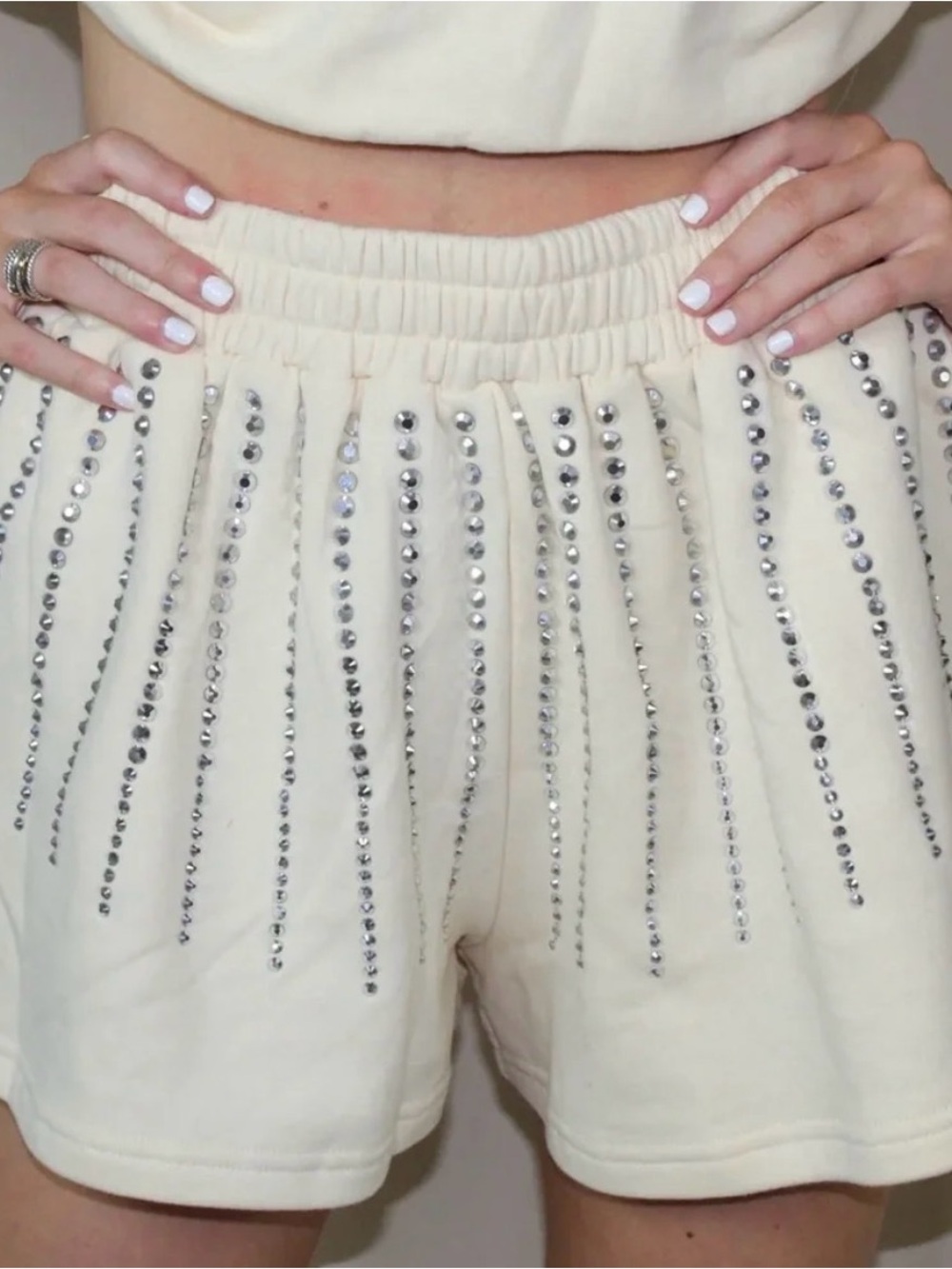 QUEEN OF SPARKLES Cream High-Waist Embellished Shorts